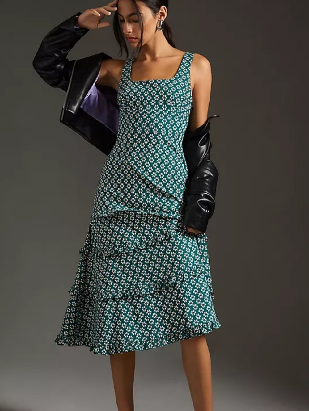 Anthropologie Blythe Square Neck Tiered Dress in Green Large New